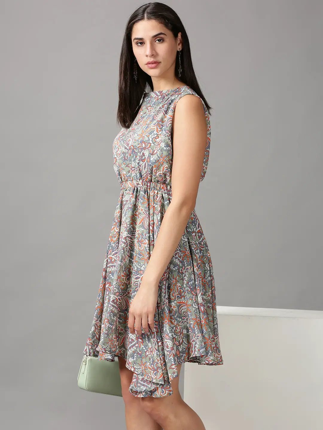 Shop Women's Olive Ethnic Motifs Chiffon Fit & Flare Dress| Showoffff