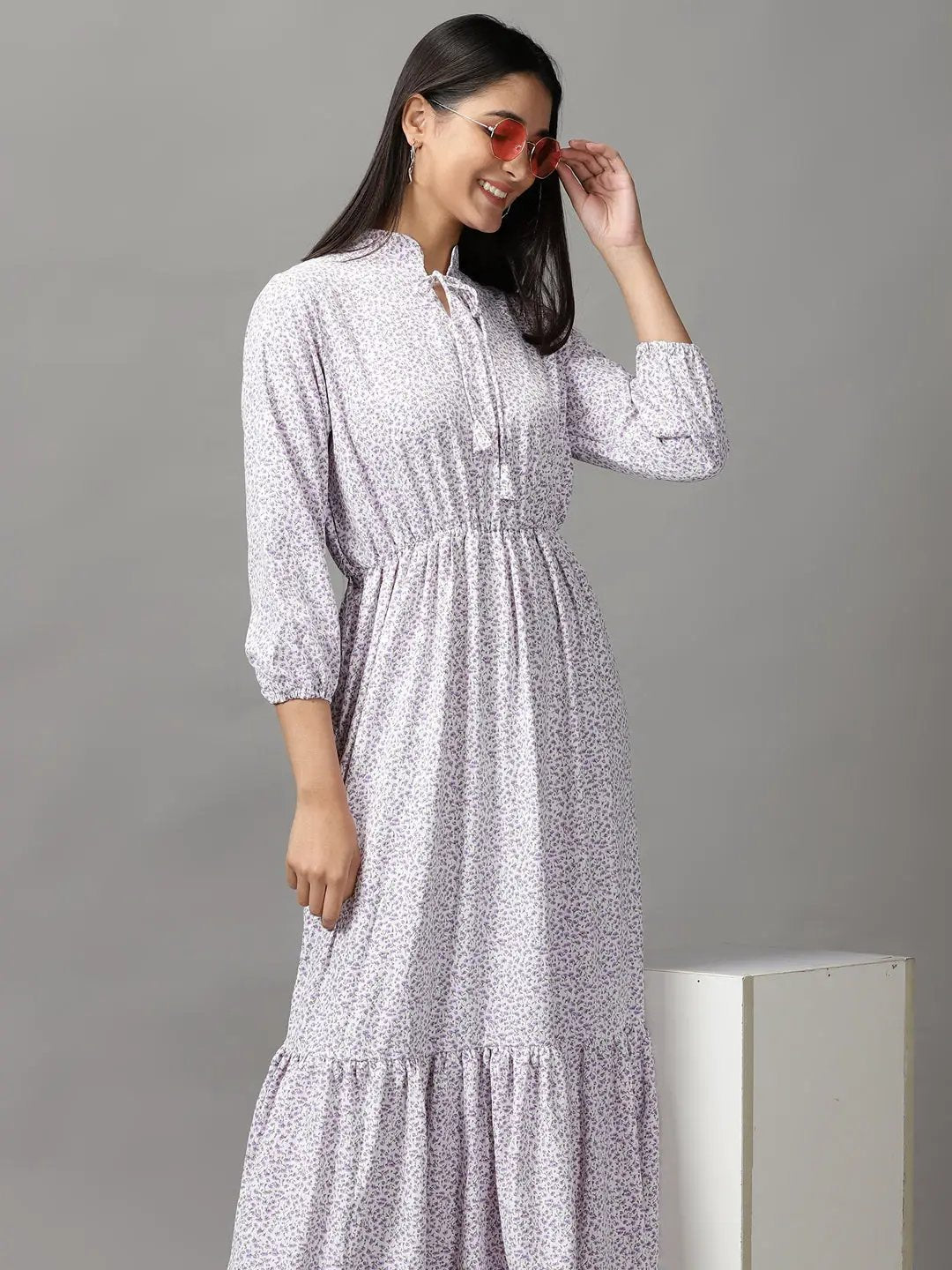 Women's Off White Abstract Printed V-Neck Georgette Fit and Flare Dress