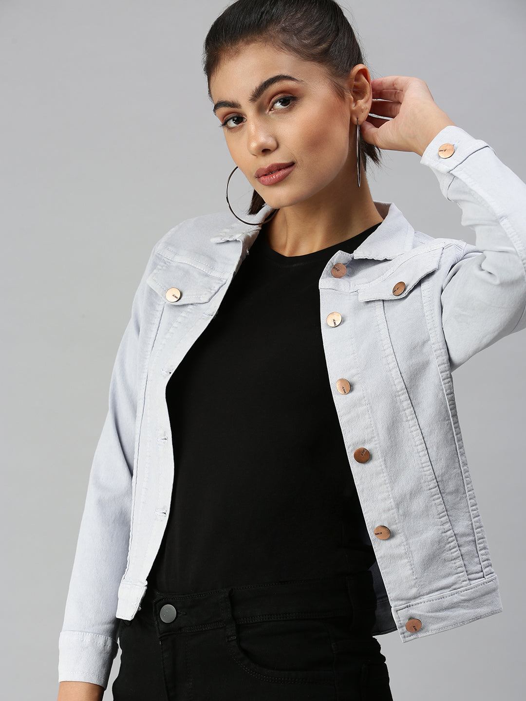 Solid Jackets Grey Jean Jacket Women Buy Women's Grey Solid Denim