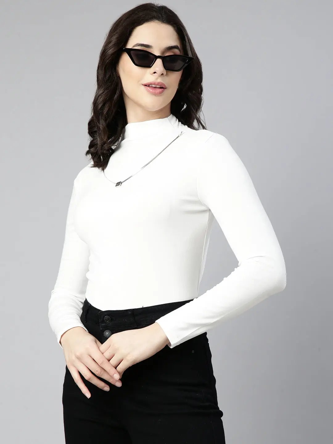 SHOWOFFFF Women's High Neck Solid Off White Top Comes with Neck Chain