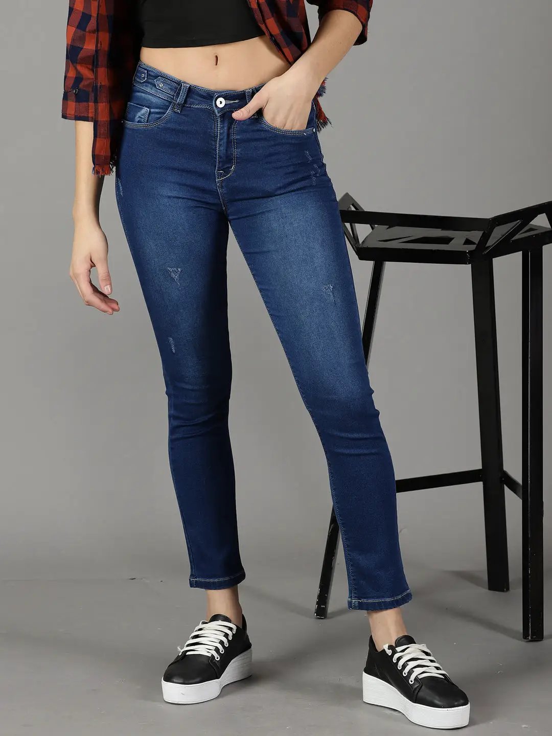Women's Navy Blue Slim Fit Light Fade Stretchable Cotton Jeans - from SHOWOFFFF