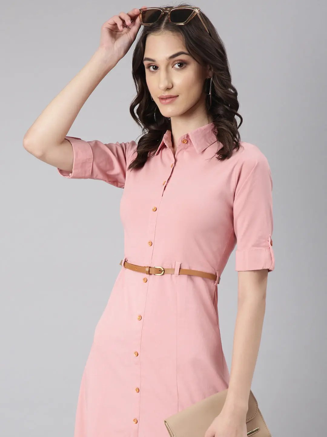 Shop Women's Pink Shirt Collar Short Sleeves Cotton Shirt Dress| Showoffff