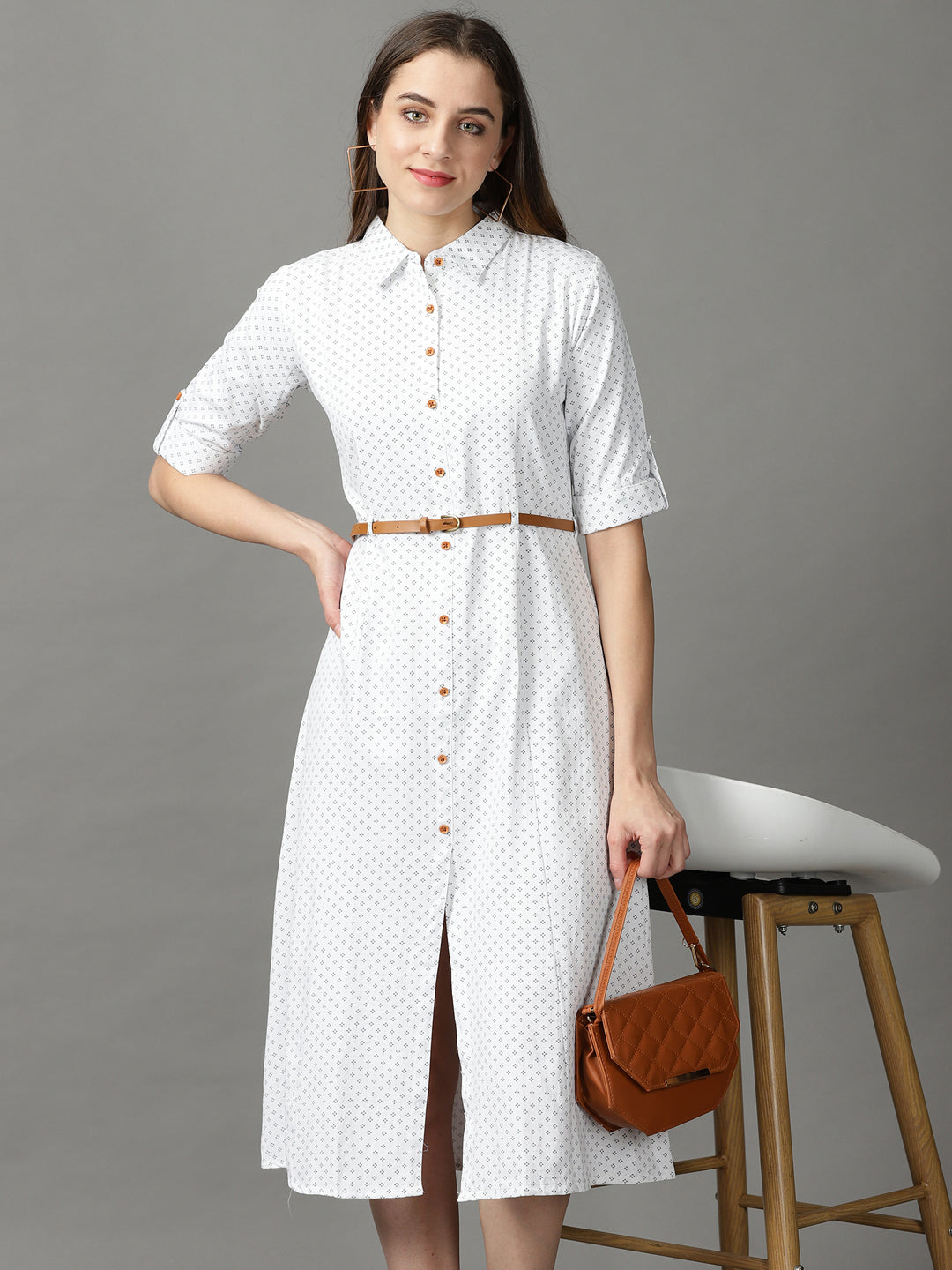 SHOWOFFFF Women White Printed Shirt Collar Three-Quarter Sleeves
