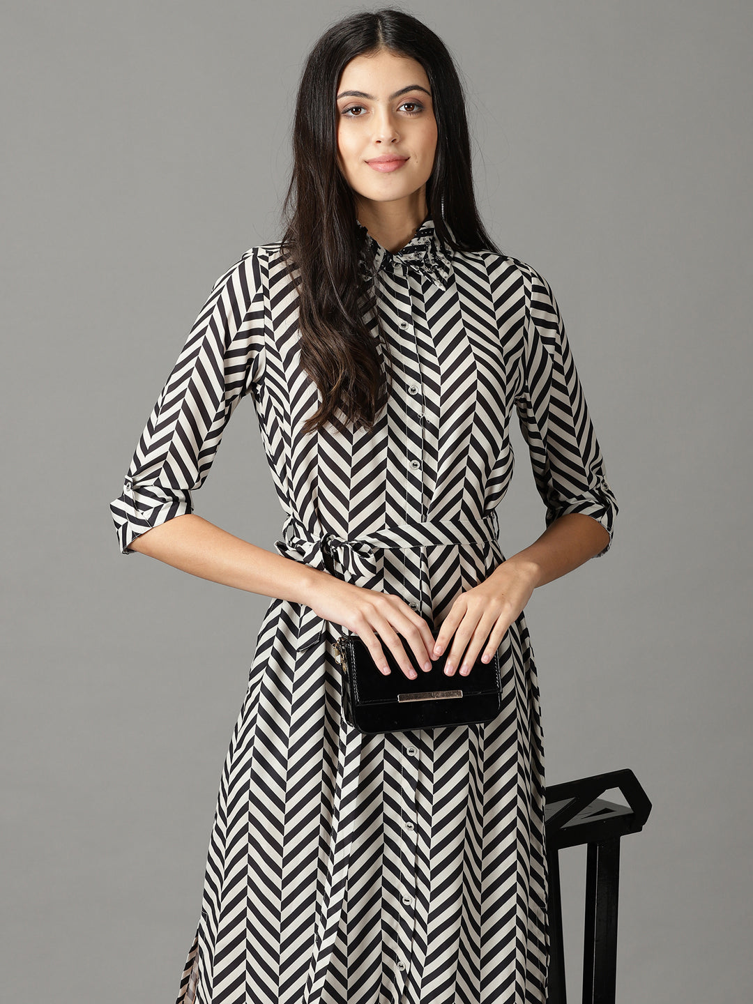 Women's Black Chiffon Shirt Midi Dress
