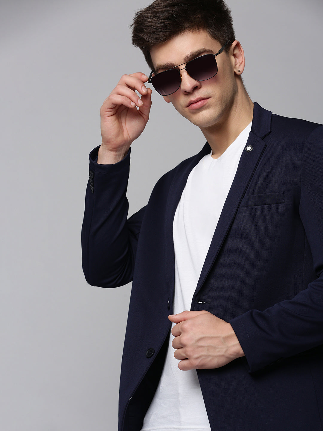 Men's Navy Blue Cotton Single-Breasted Casual Blazers