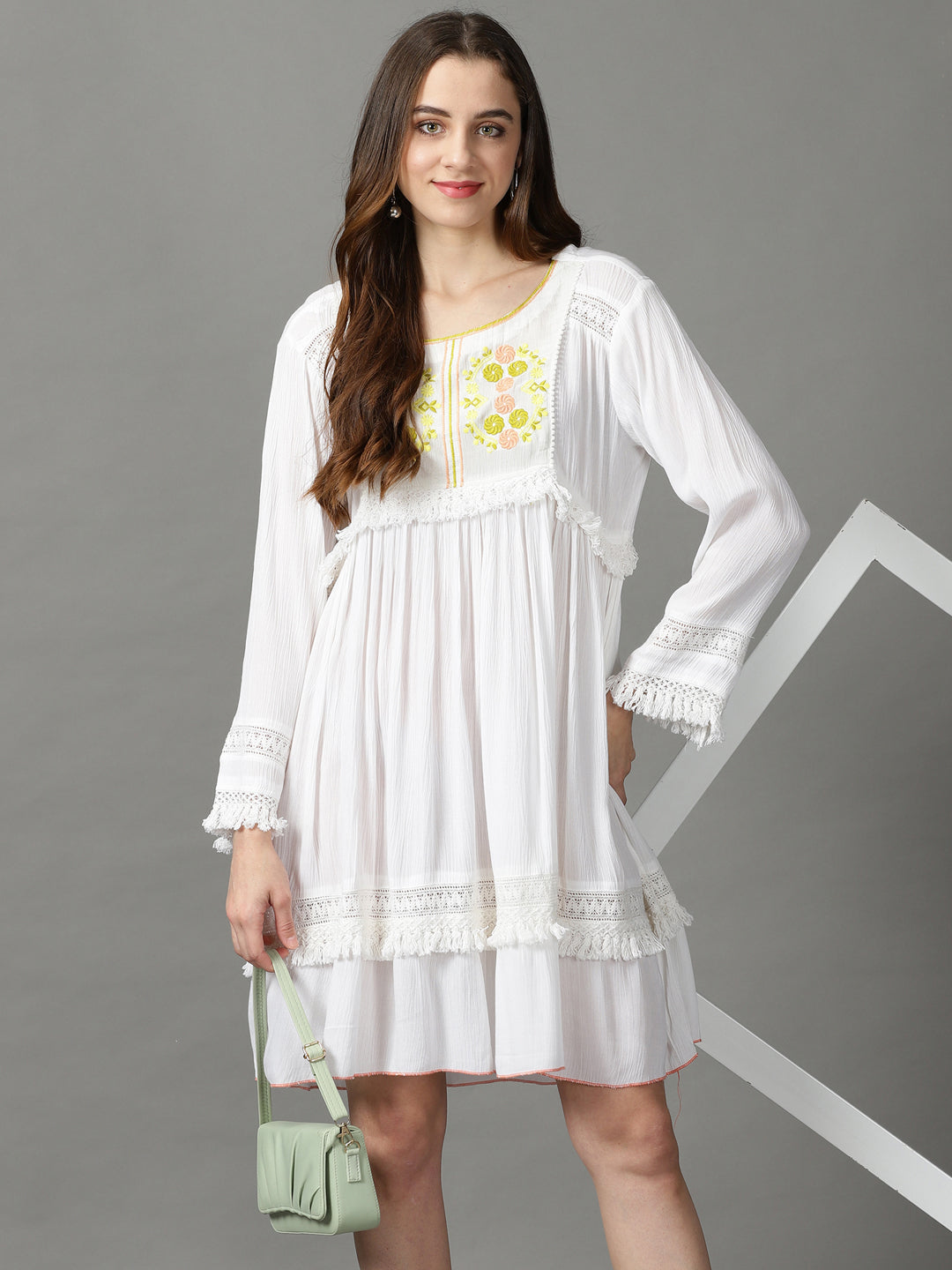 SHOWOFFFF Women White Embroidered Round Neck Full Sleeves Knee