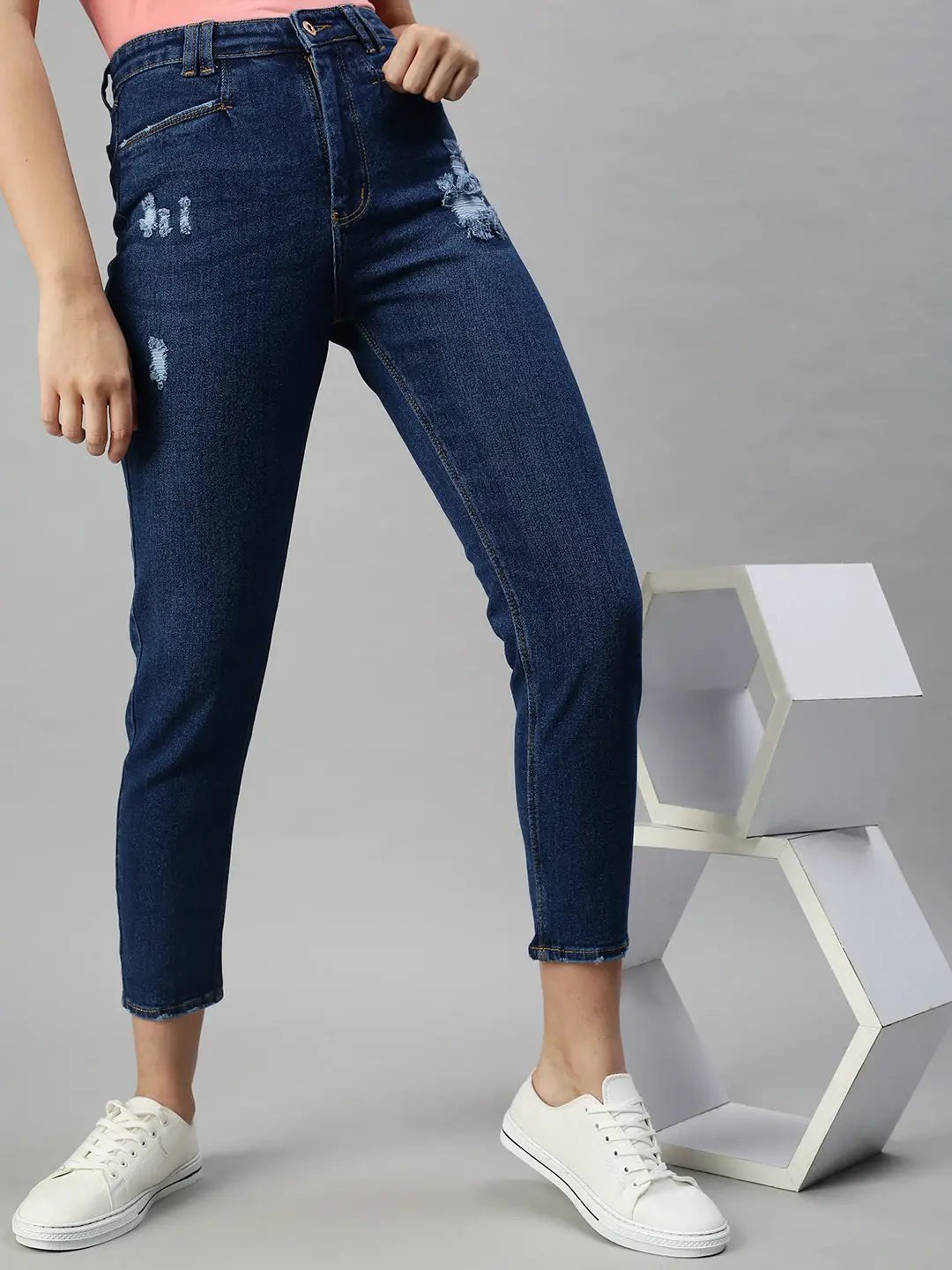 Women's Navy Blue Mom Fit High-Rise Mildly Distressed Stretchable Jeans - from SHOWOFFFF