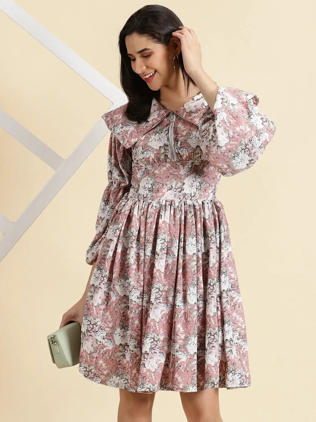 Shop Women's Mauve Floral Printed Puff Sleeves Gathered Fit & Flare Dress|  Showoffff