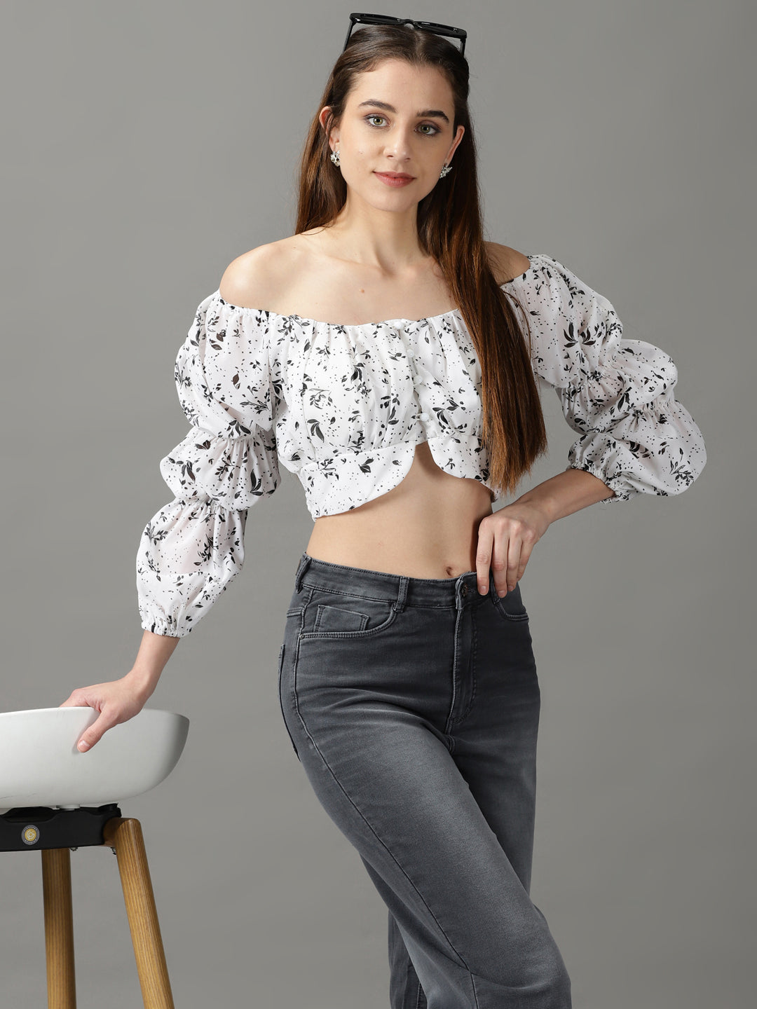 SHOWOFFFF Women White Printed Off-Shoulder Full Sleeves Crop Top