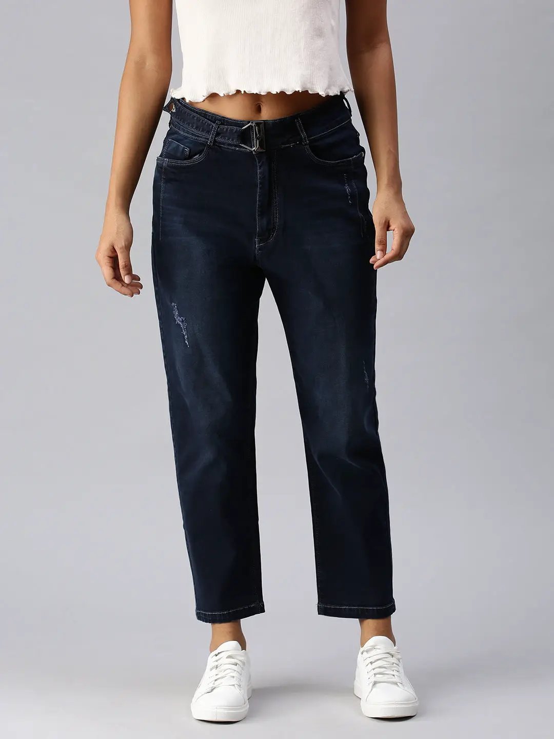Women's Navy Blue Solid Straight Fit Jean