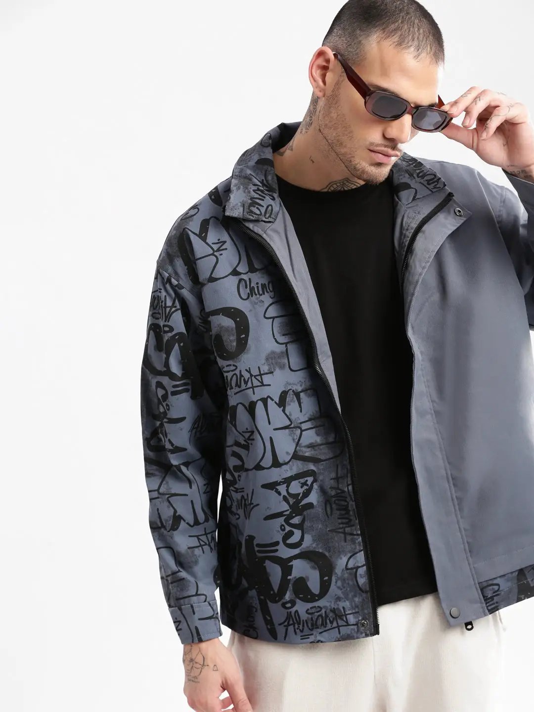 Men's Grey Graphic Oversized Jacket