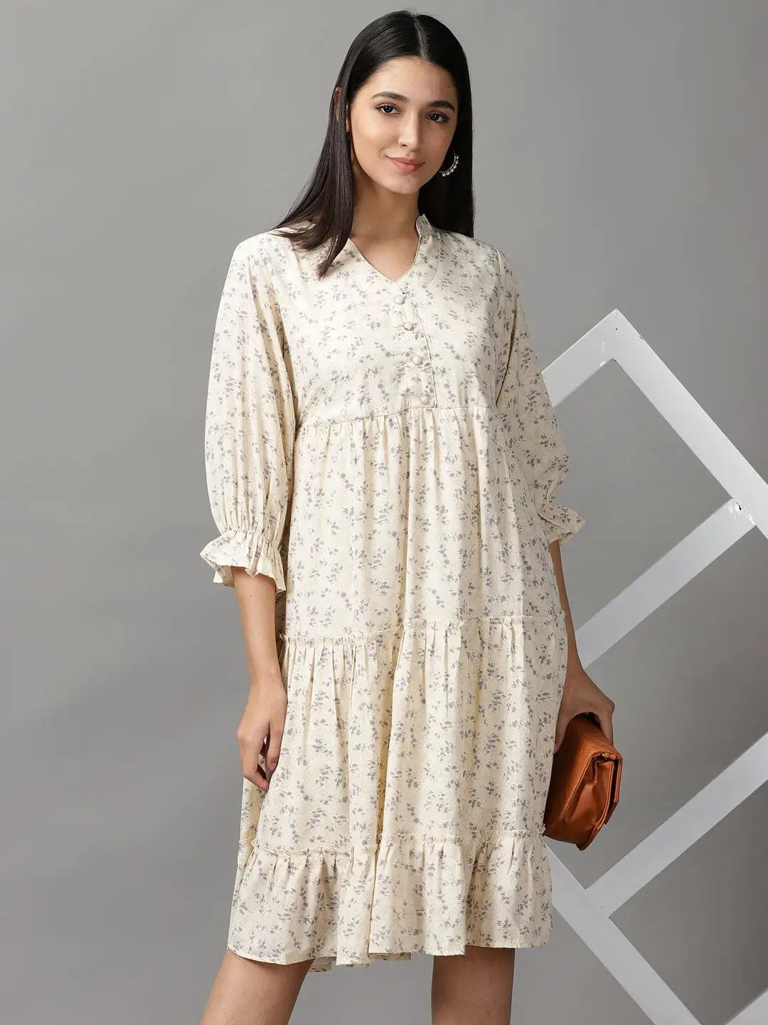 Shop Women's Cream Chiffon Fit & Flare Dress| Showoffff Shop Women's Cream Chiffon Fit & Flare Dress| Showoffff