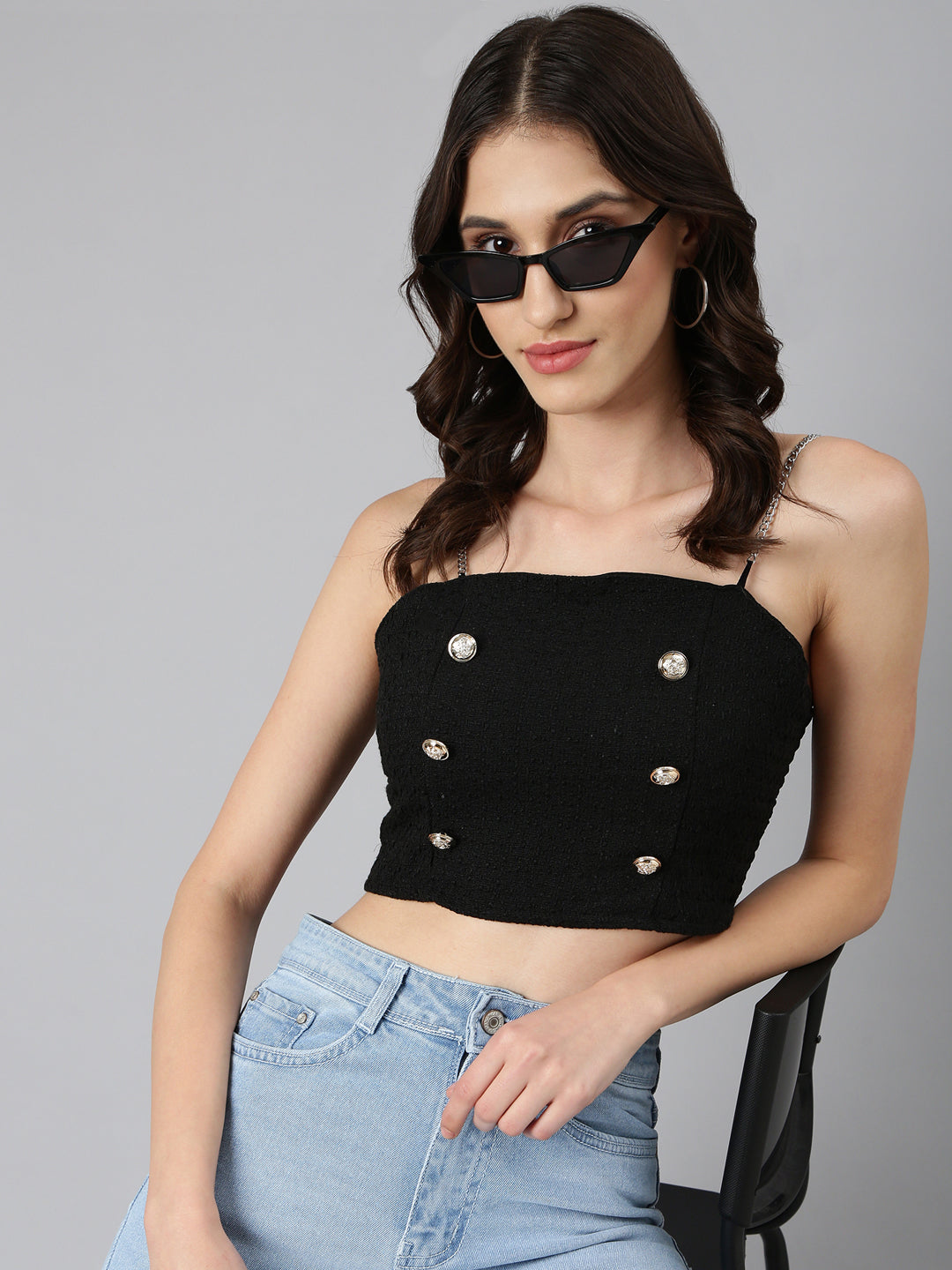 SHOWOFFFF Women's Self Design Sleeveless Black Bralette Crop Top