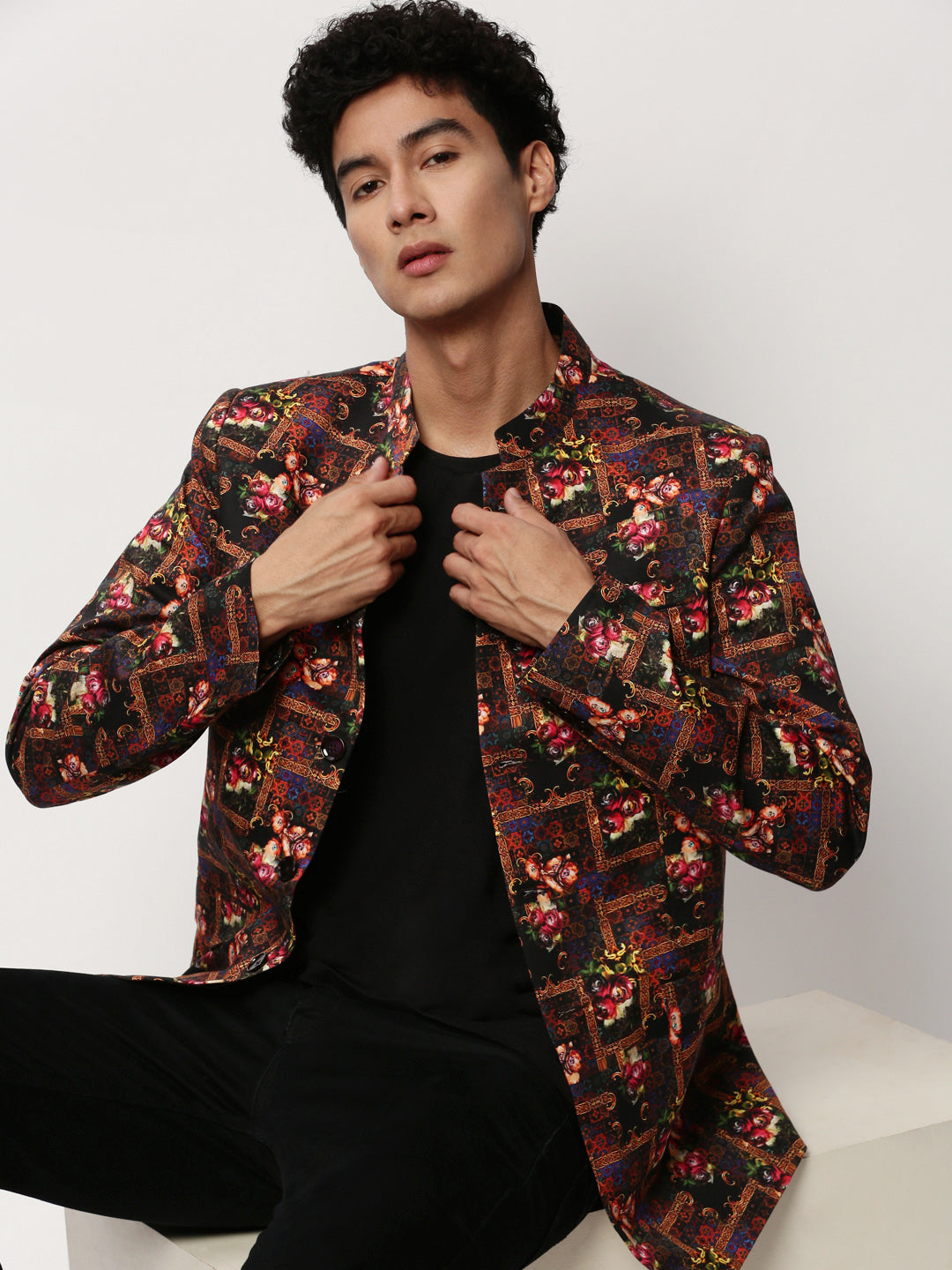 Buy Men's Black Floral Printed Bandhgala Blazer Online Showoffff