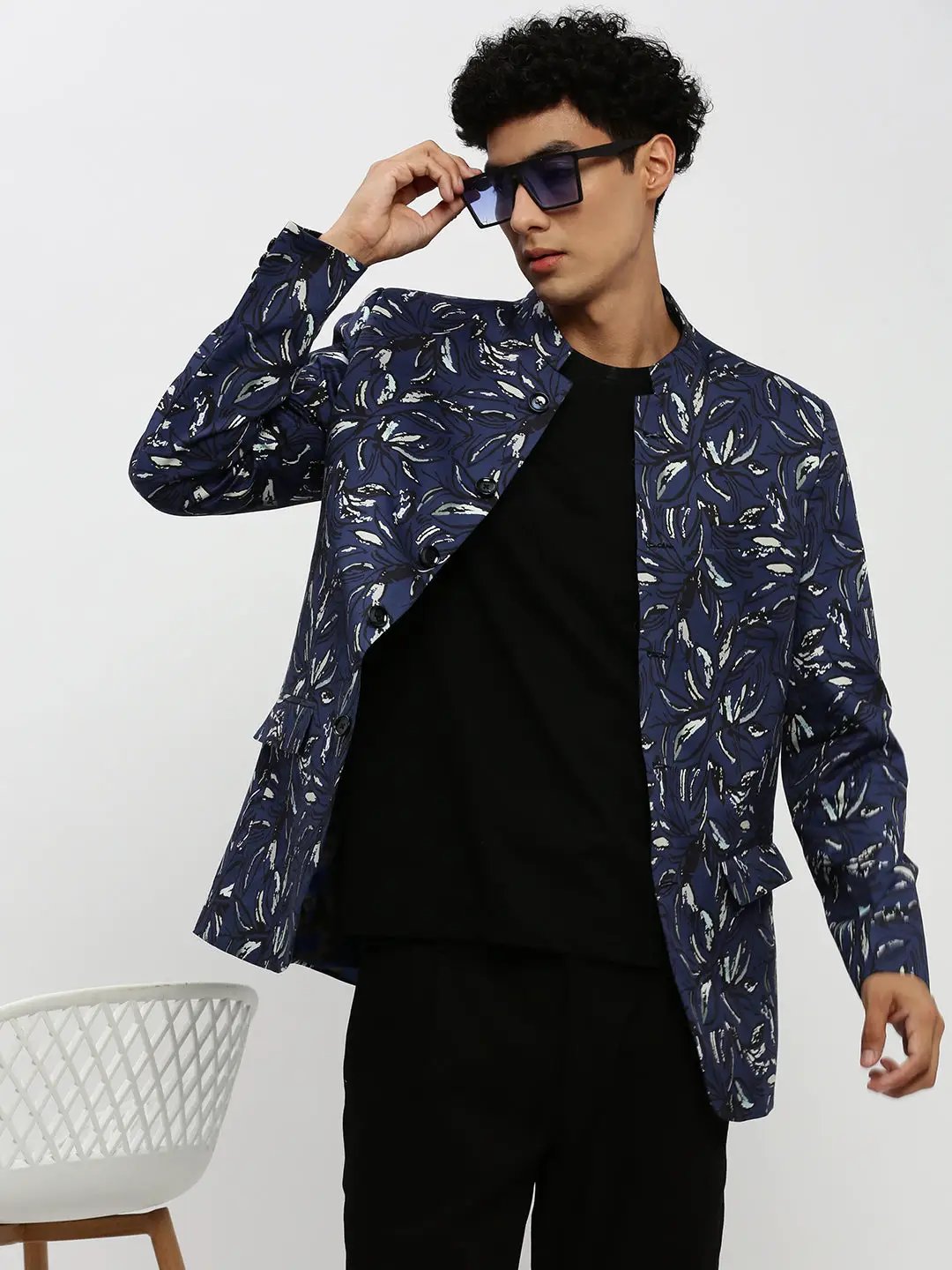 Men's Navy Blue Printed Bandhgala Slim-Fit Blazer - from SHOWOFFFF