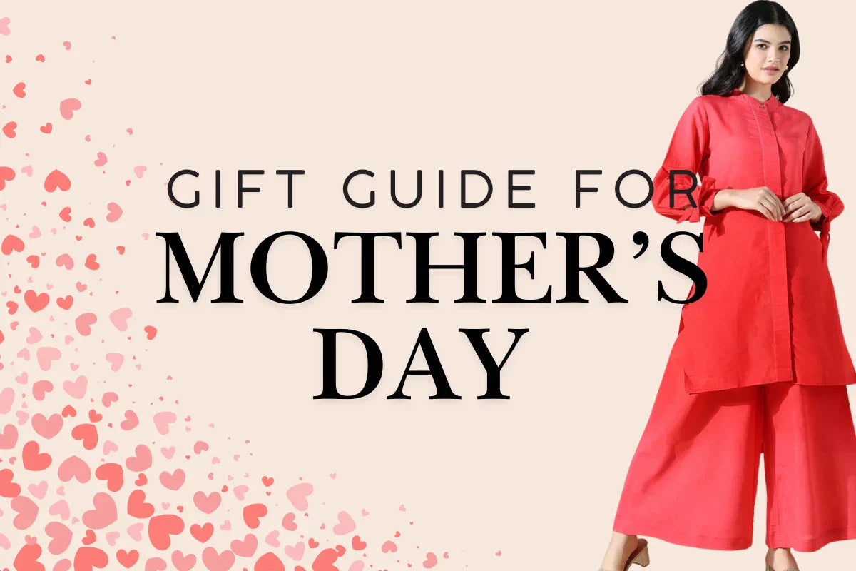 An image of a woman wearing a red co-ords set for Mothers' Day Gift Ideas