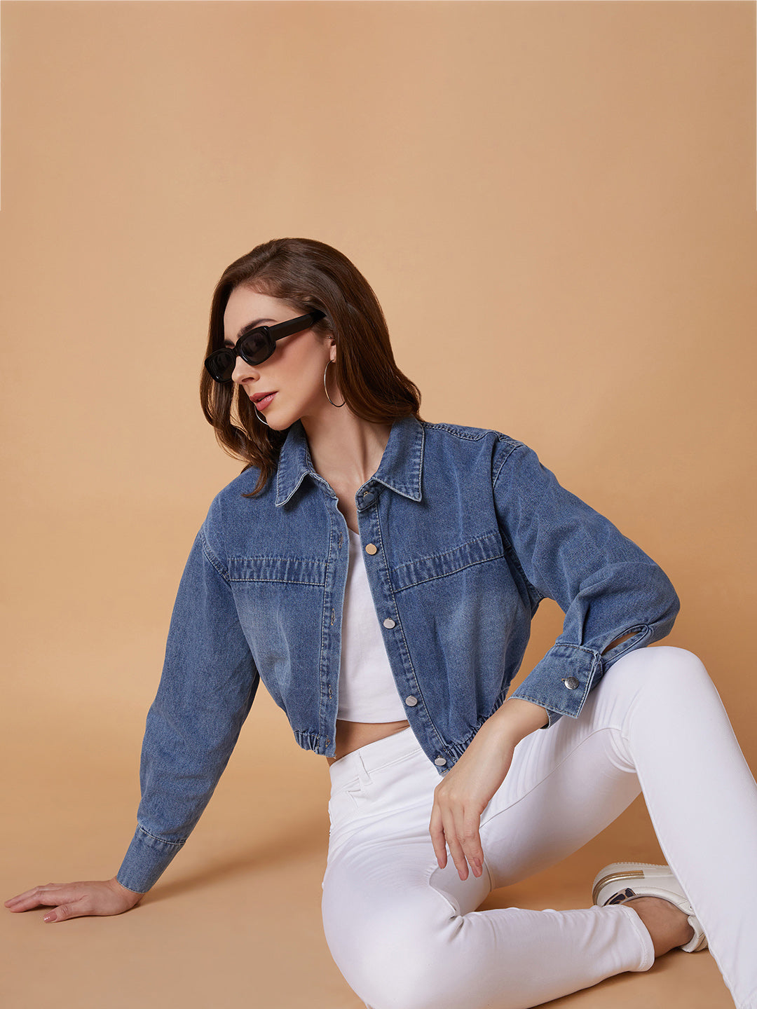 Women Blue Crop Denim Jacket