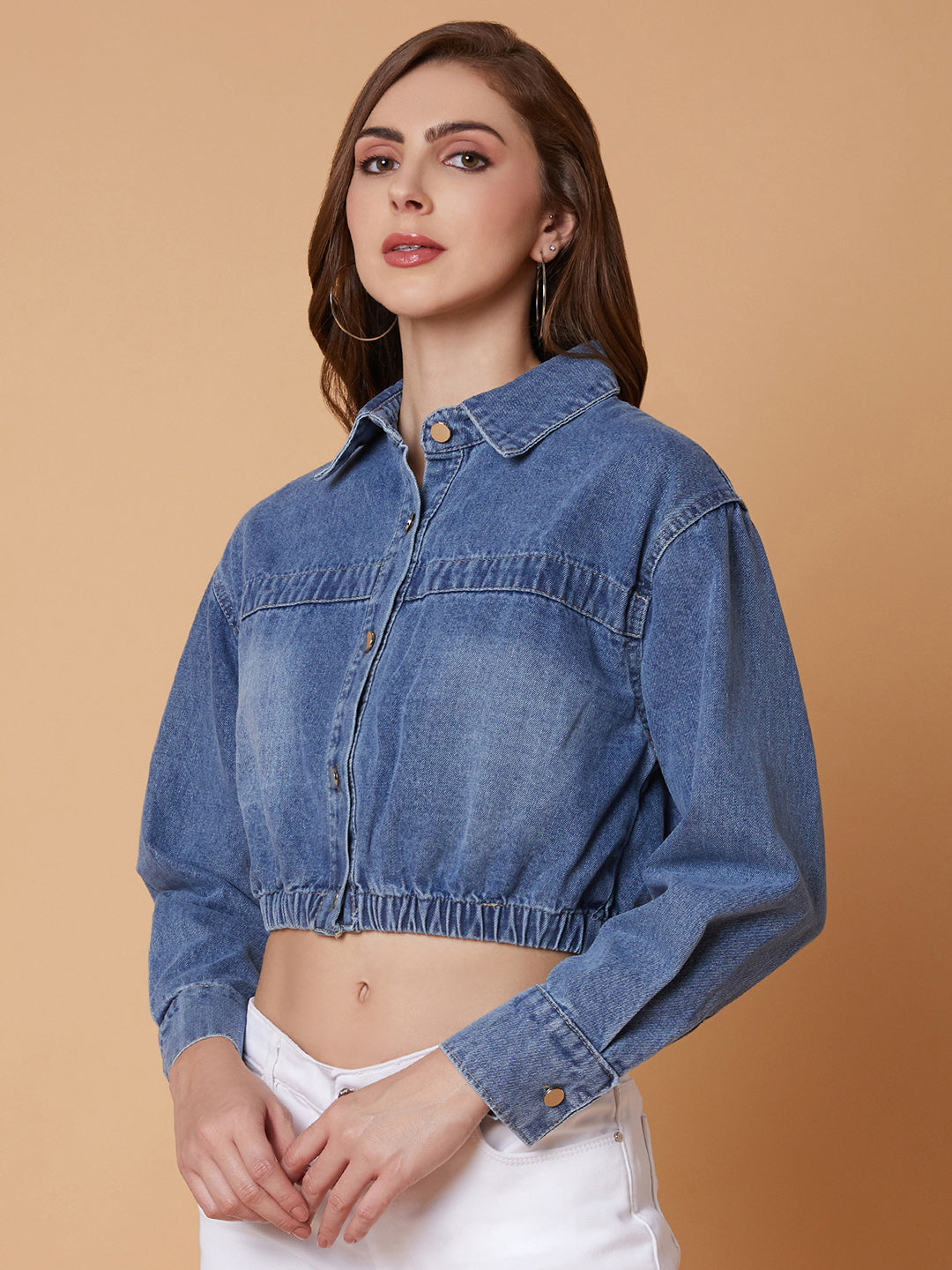 Women Blue Crop Denim Jacket