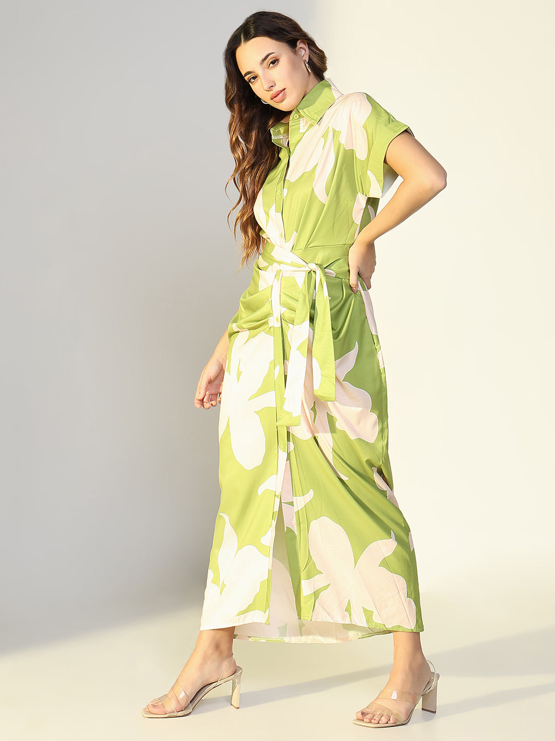 Women Green Floral Shirt Dress