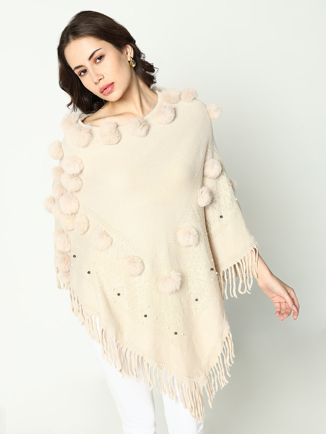 Women Solid Cream Longline Poncho