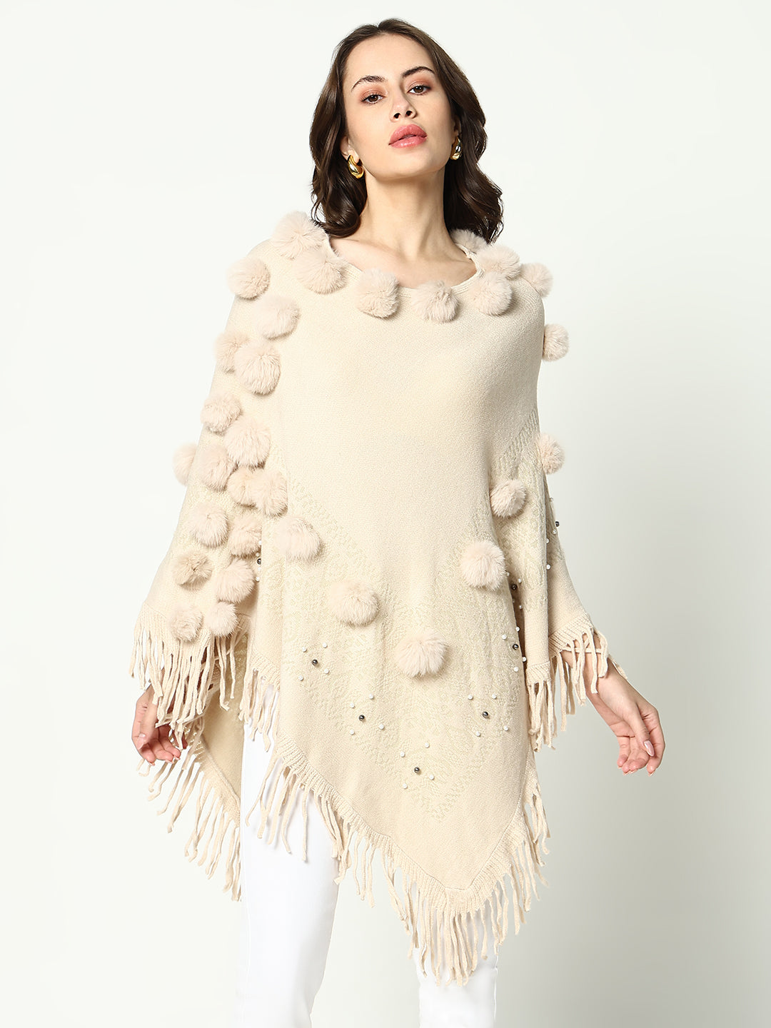 Women Solid Cream Longline Poncho