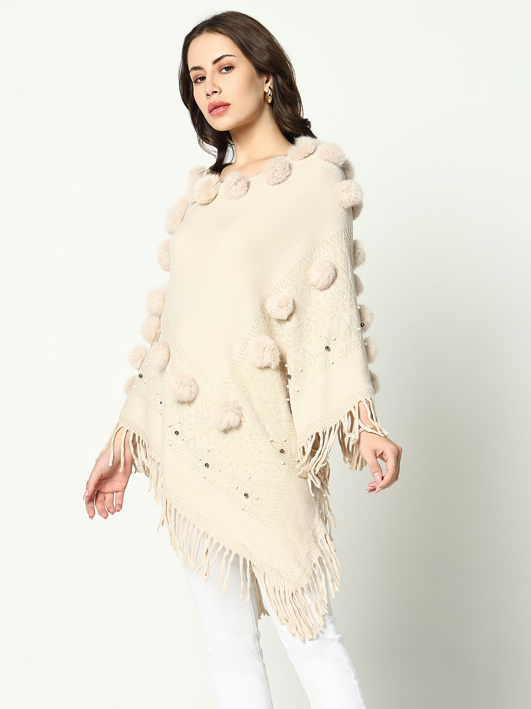 Women Solid Cream Longline Poncho