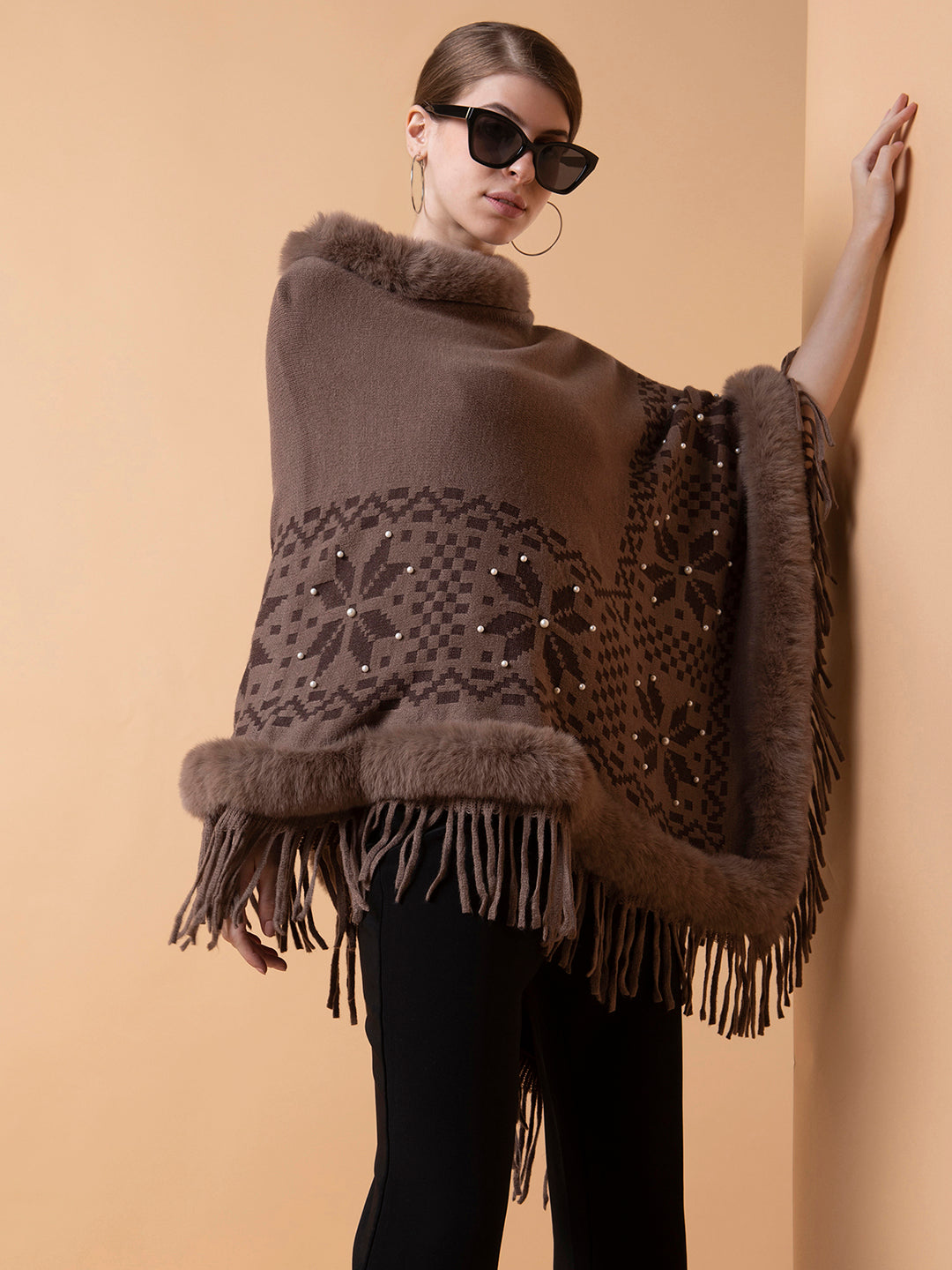 Women Geometric Brown Longline Poncho