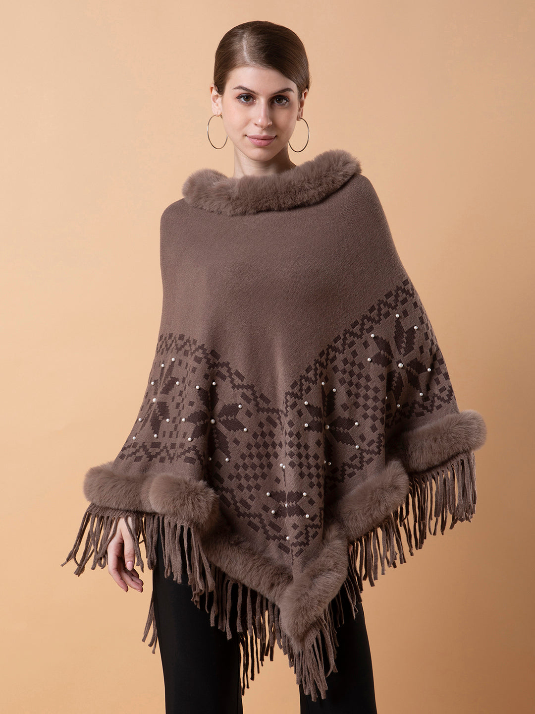 Women Geometric Brown Longline Poncho