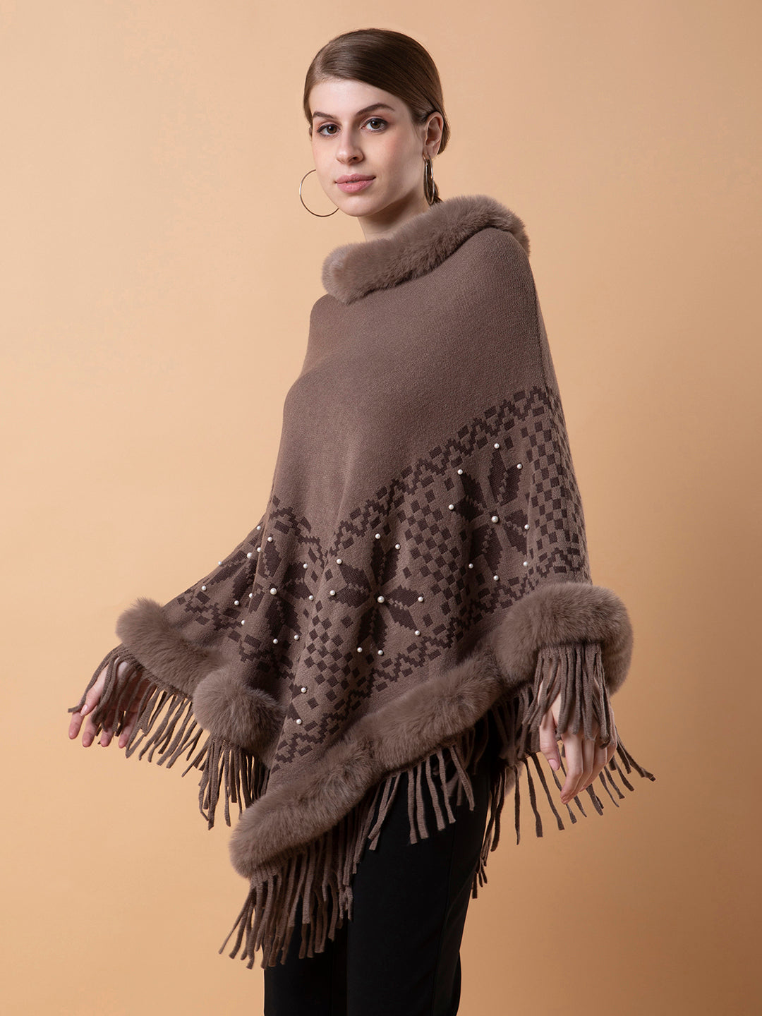 Women Geometric Brown Longline Poncho