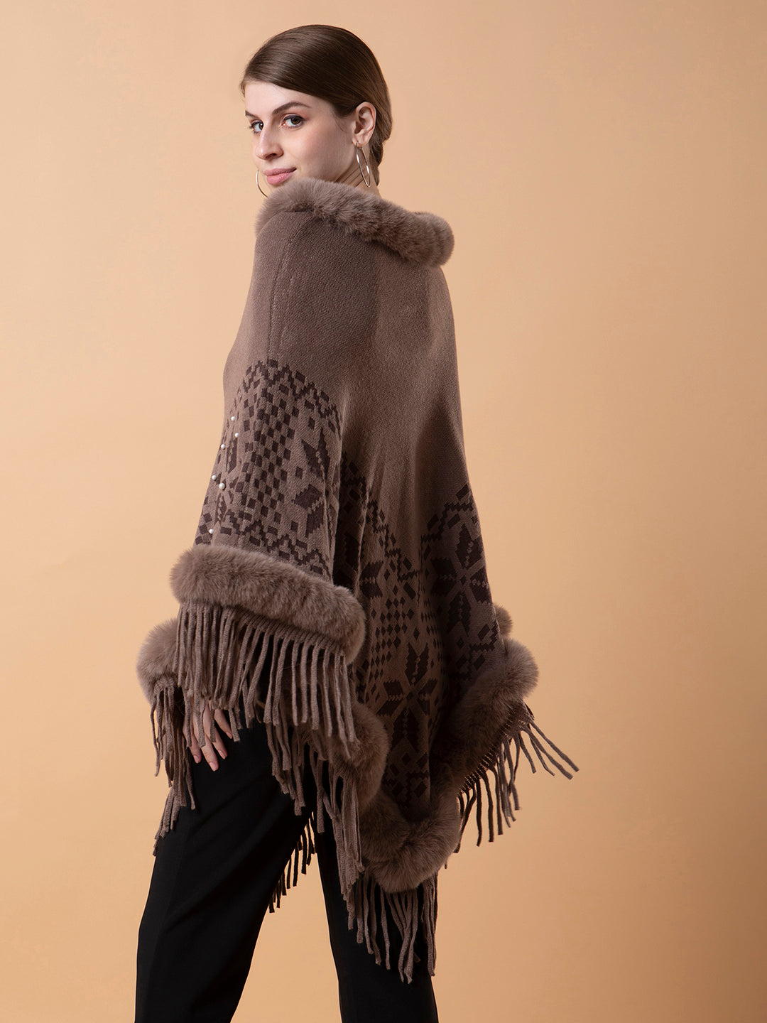 Women Geometric Brown Longline Poncho