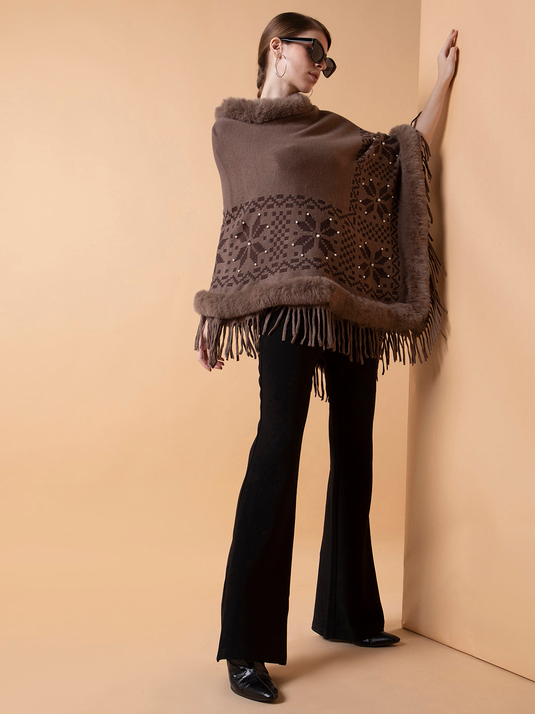 Women Geometric Brown Longline Poncho