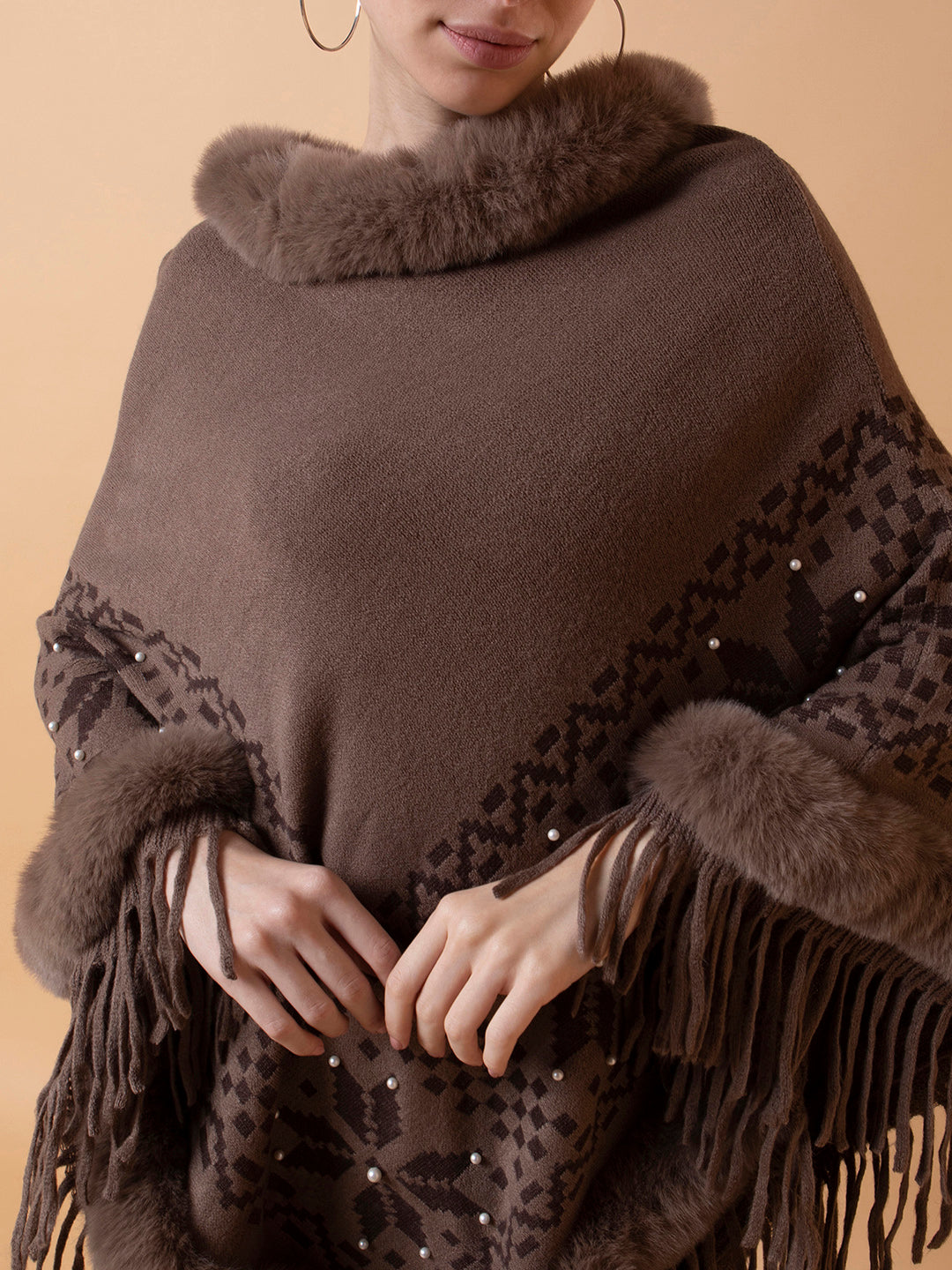 Women Geometric Brown Longline Poncho