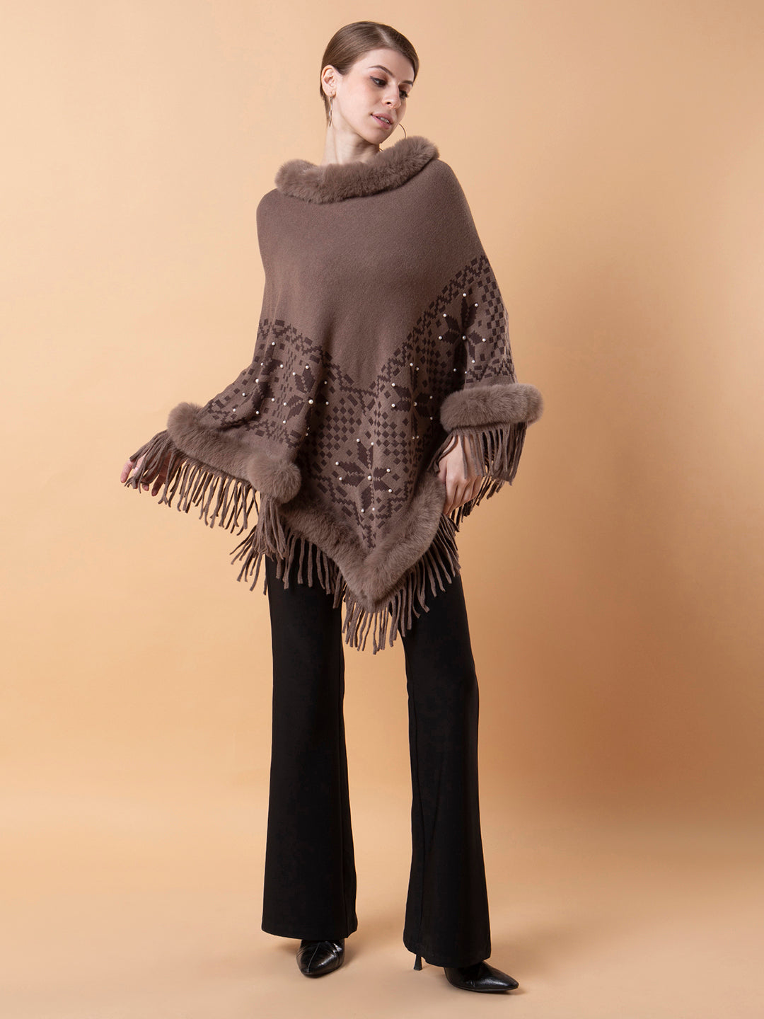 Women Geometric Brown Longline Poncho