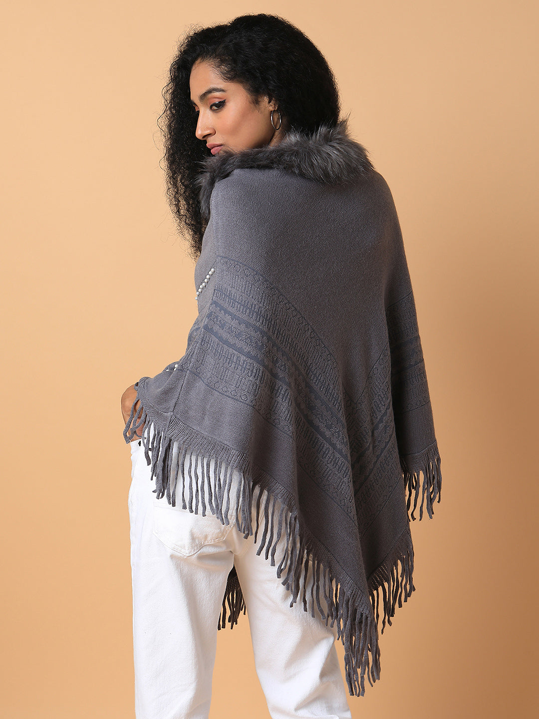 Women Solid Grey Longline Poncho