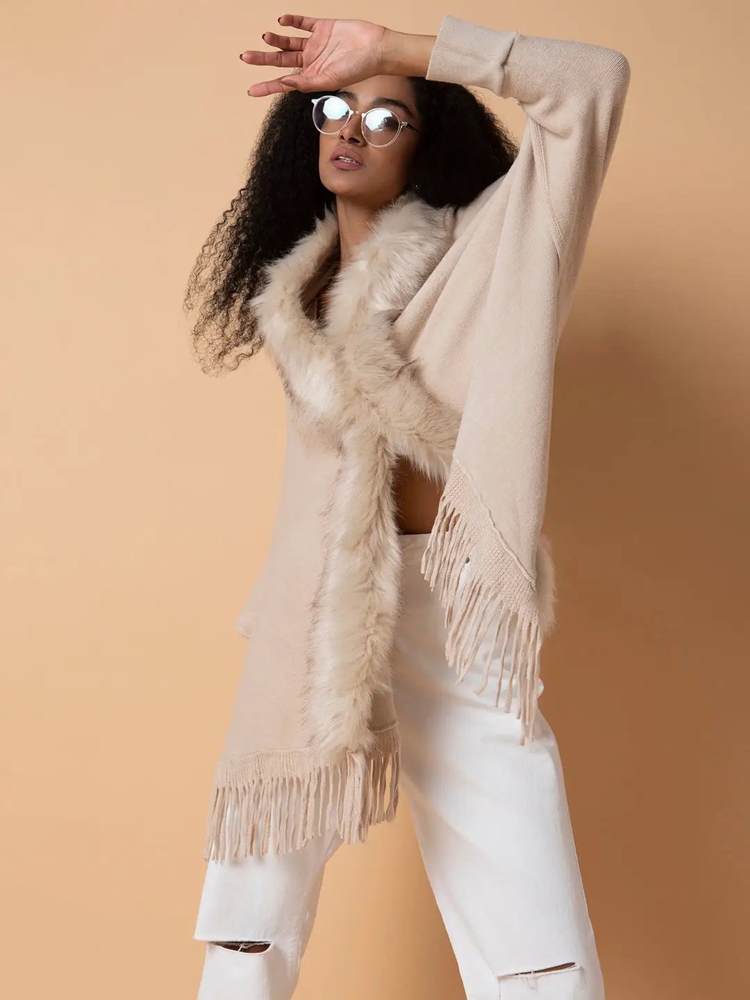 Women's Solid Beige Longline Poncho
