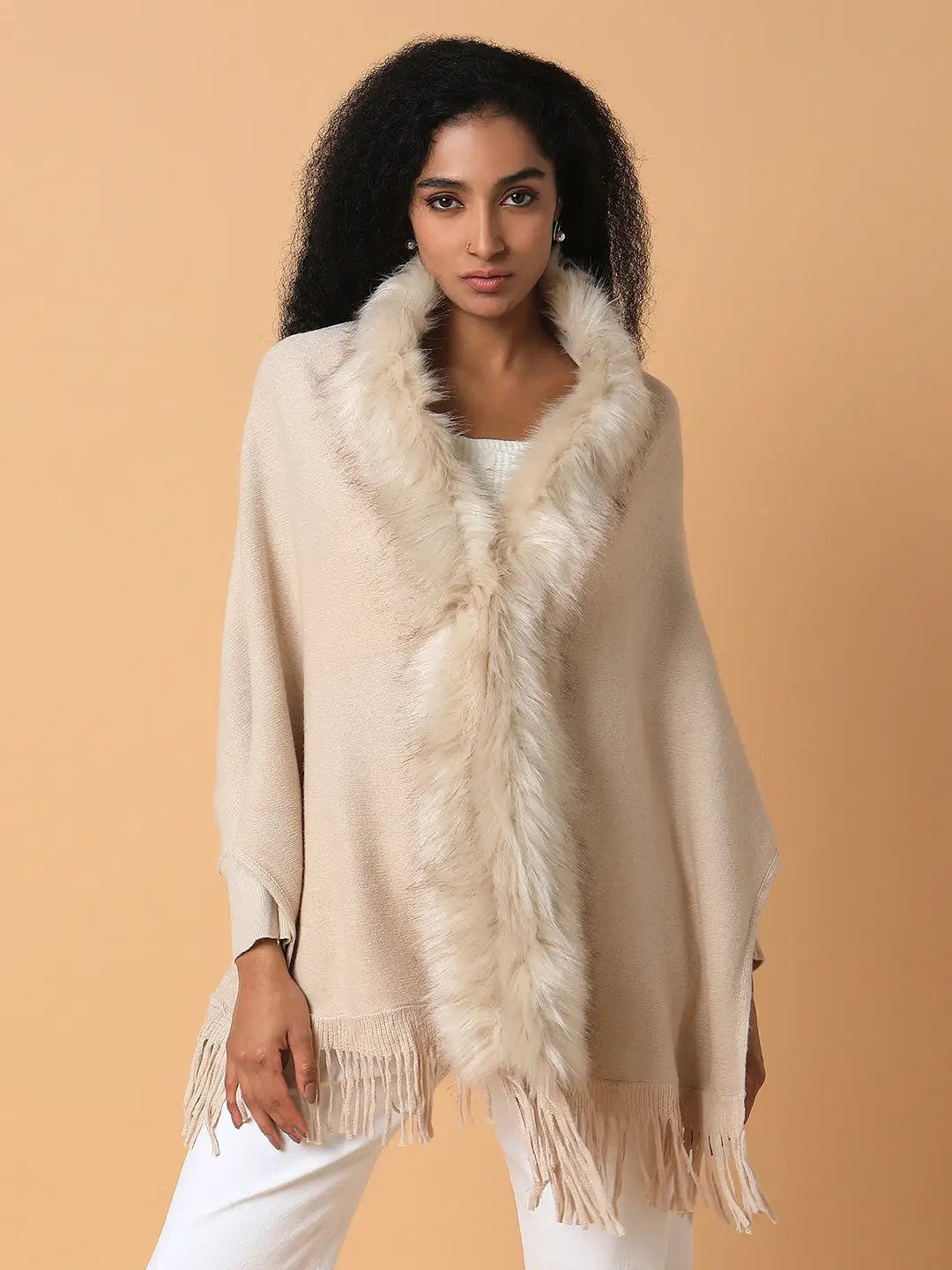 Women's Solid Beige Longline Poncho