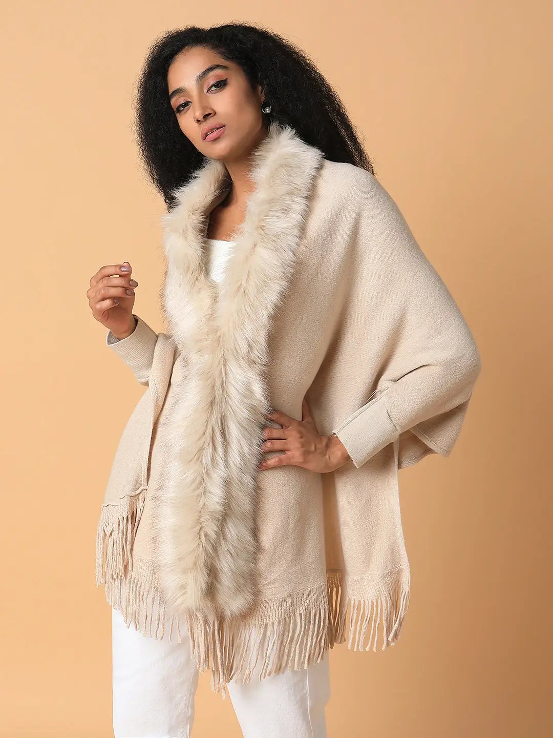 Women's Solid Beige Longline Poncho