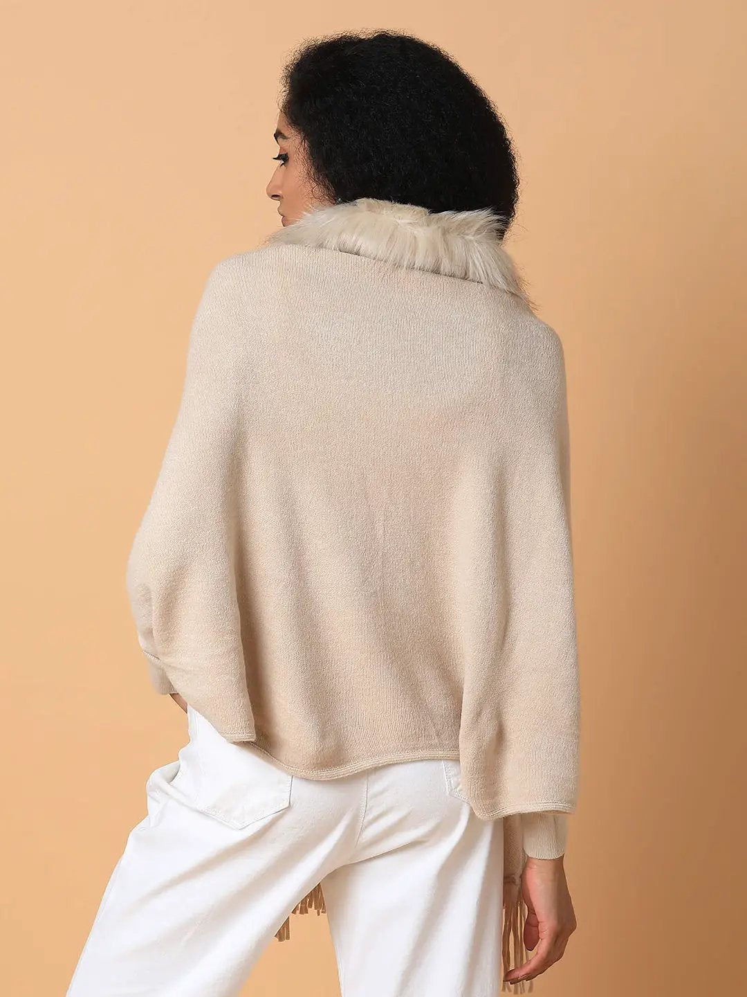 Women's Solid Beige Longline Poncho