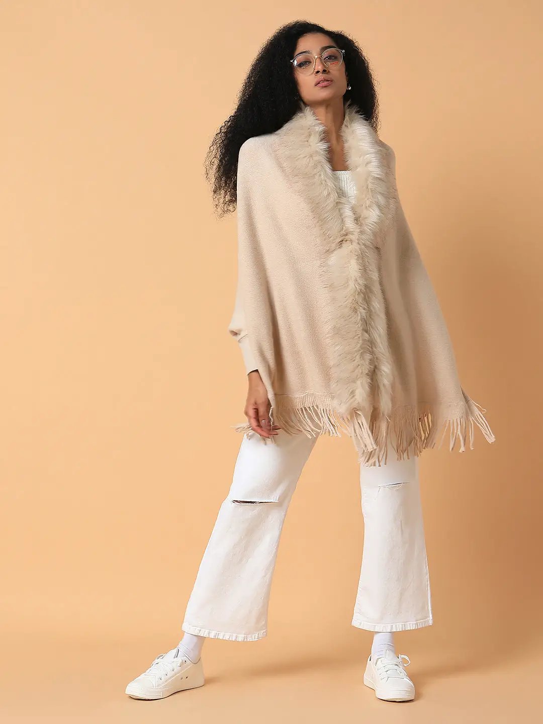 Women's Solid Beige Longline Poncho
