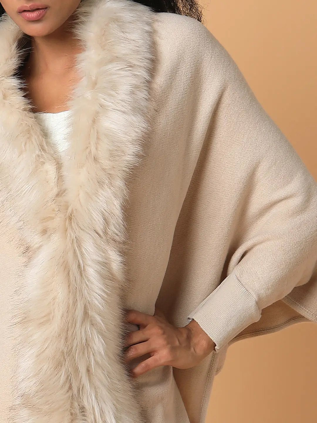 Women's Solid Beige Longline Poncho