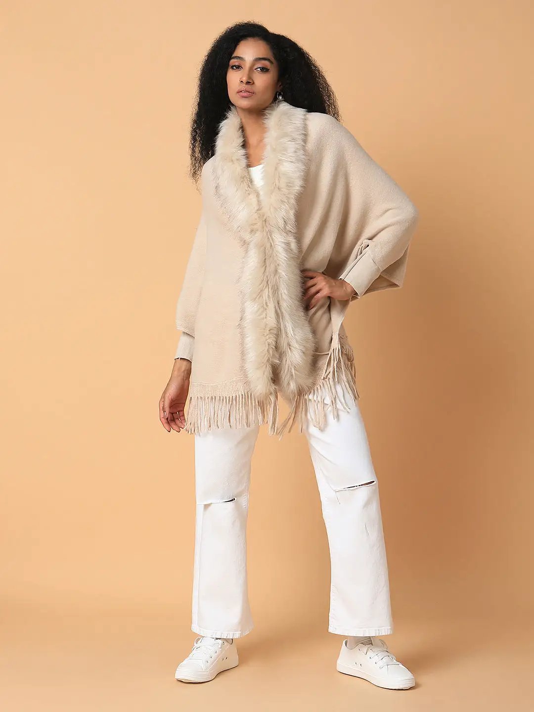 Women's Solid Beige Longline Poncho