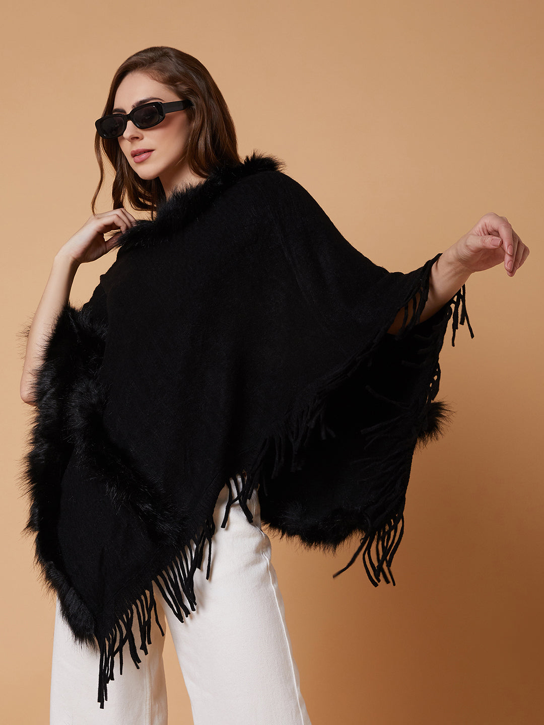 Women Solid Black Longline Poncho