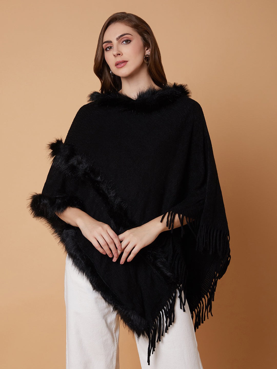 Women Solid Black Longline Poncho