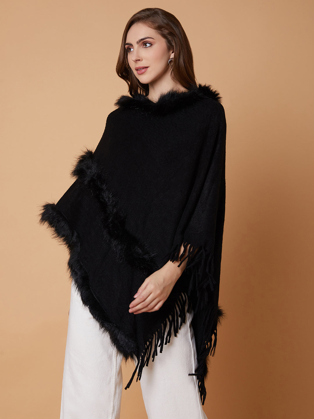 Women Solid Black Longline Poncho