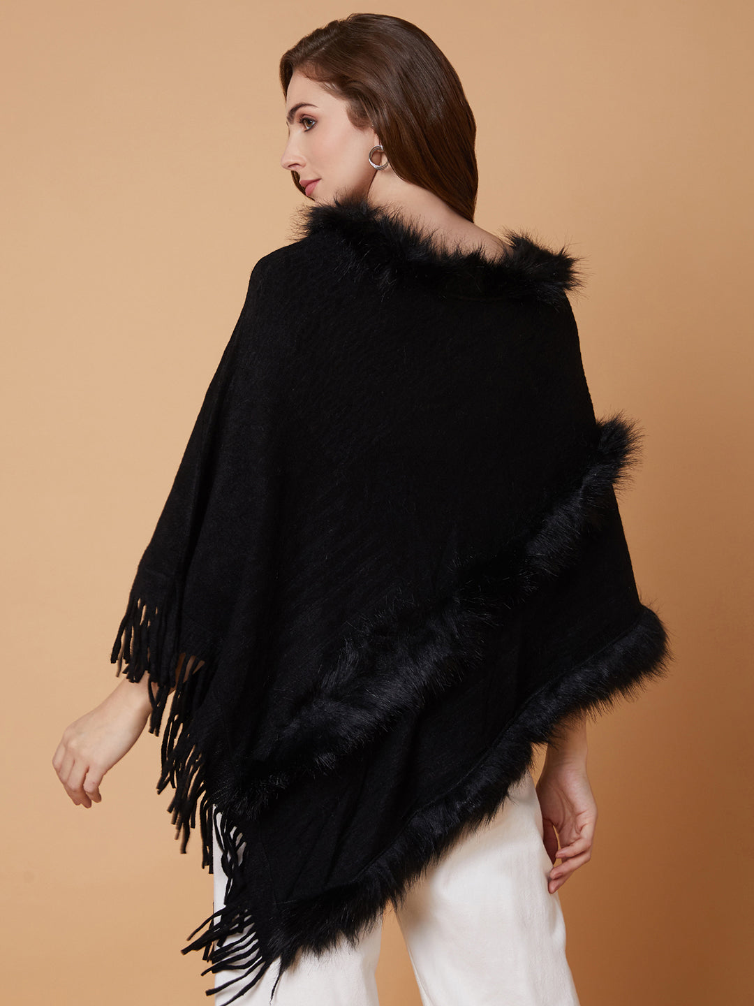 Women Solid Black Longline Poncho