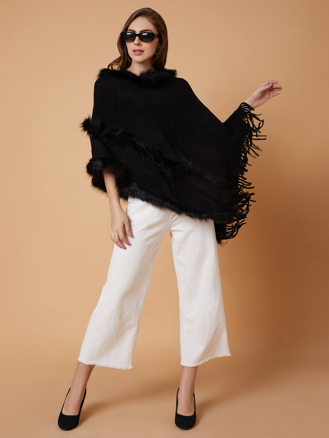 Women Solid Black Longline Poncho