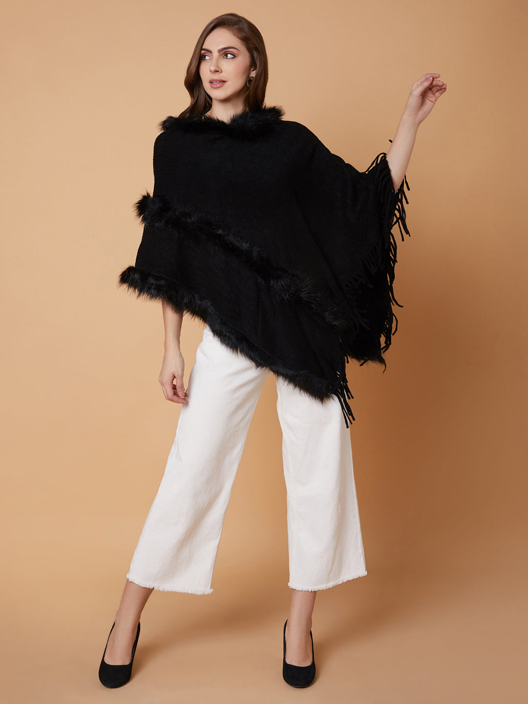 Women Solid Black Longline Poncho