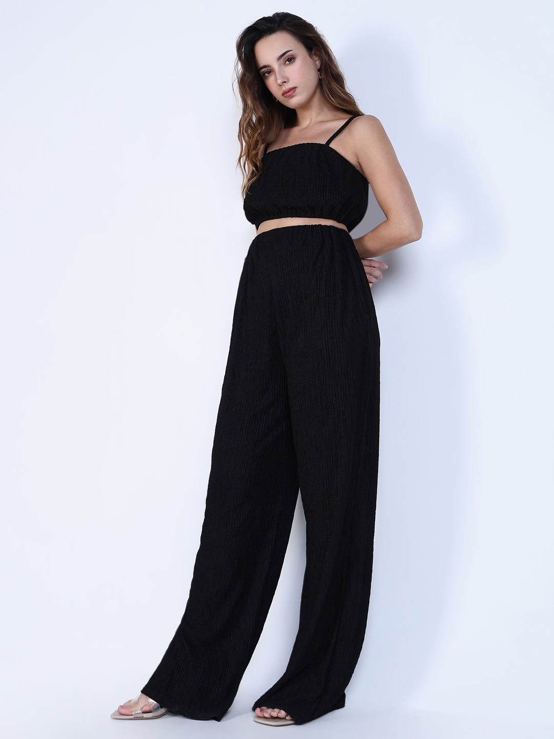 Women's Textured Black Crop Top with Pants Co-Ords Set