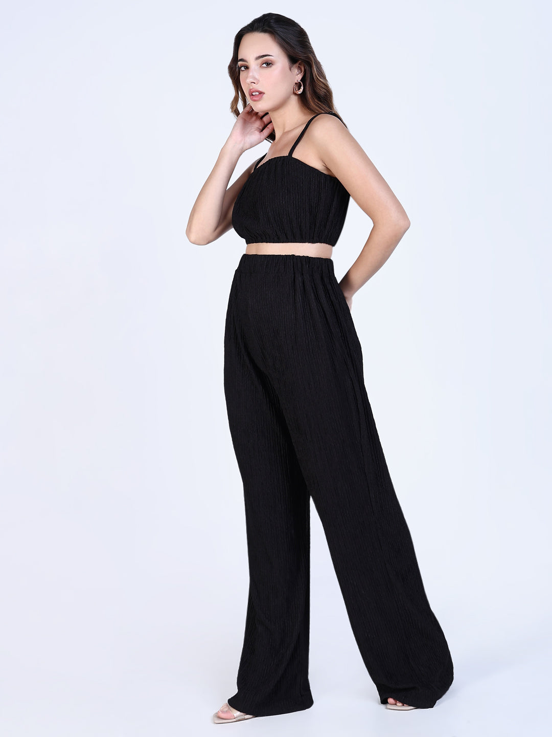 Women's Textured Black Crop Top with Pants Co-Ords Set