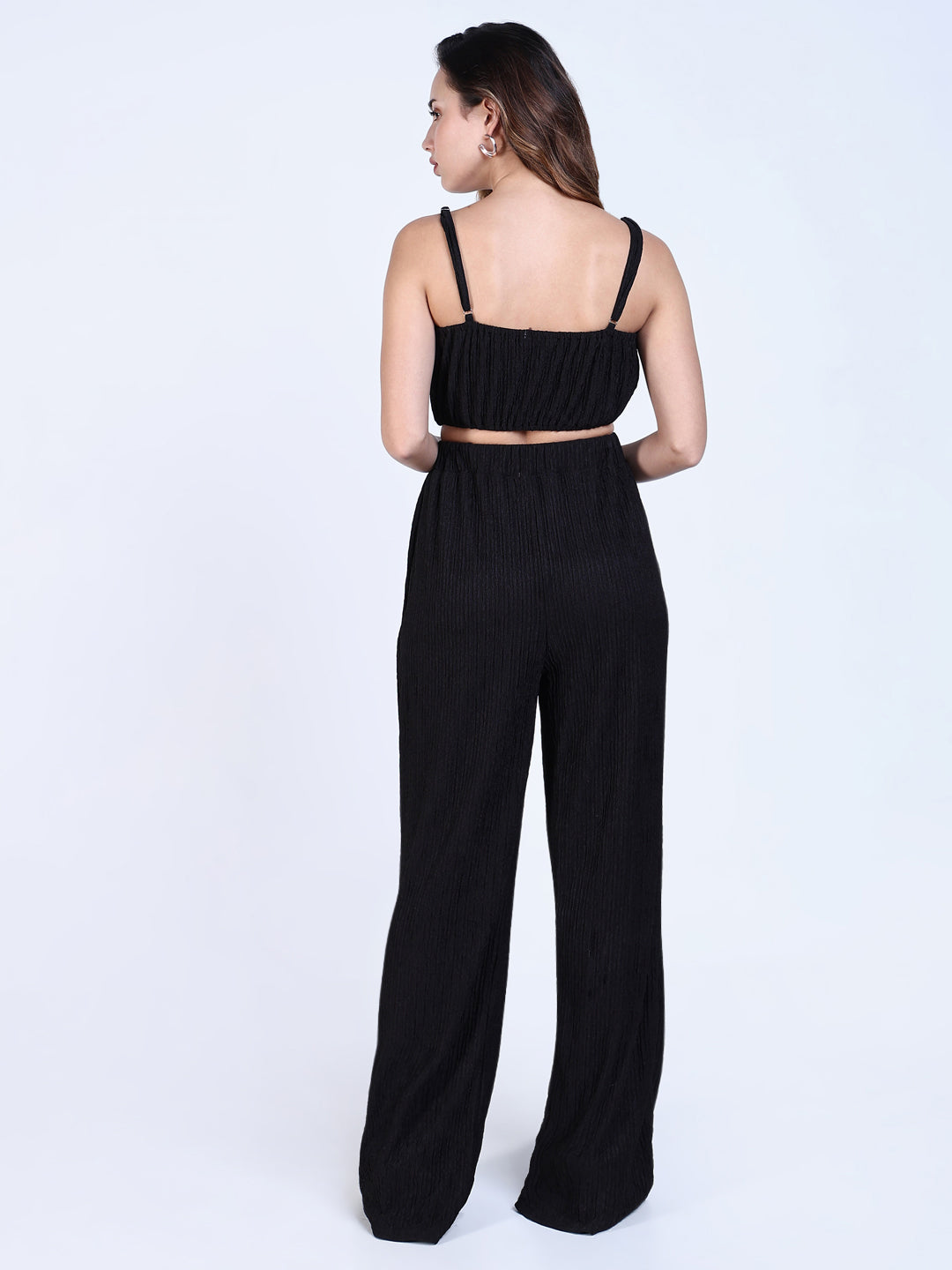 Women's Textured Black Crop Top with Pants Co-Ords Set